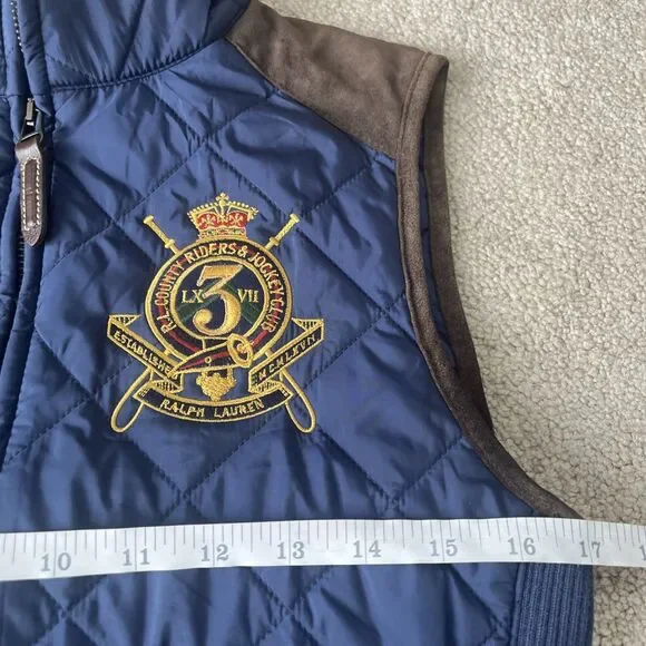 Ralph Lauren Sport Womens Vest S Quilted Crest Crown Logo Suede Trim Equestrian - Picture 4 of 6